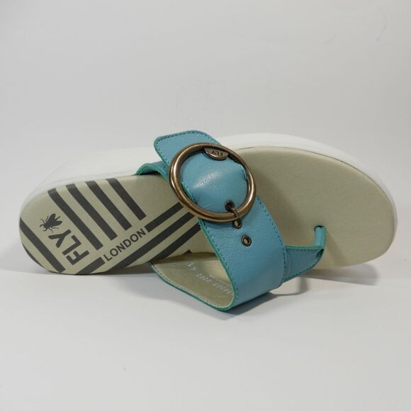 FLY LONDON Dafi SANDALS EU 41 10 10.5 Platform Wedge Thong Turquoise Leather NEW - Picture 10 of 15